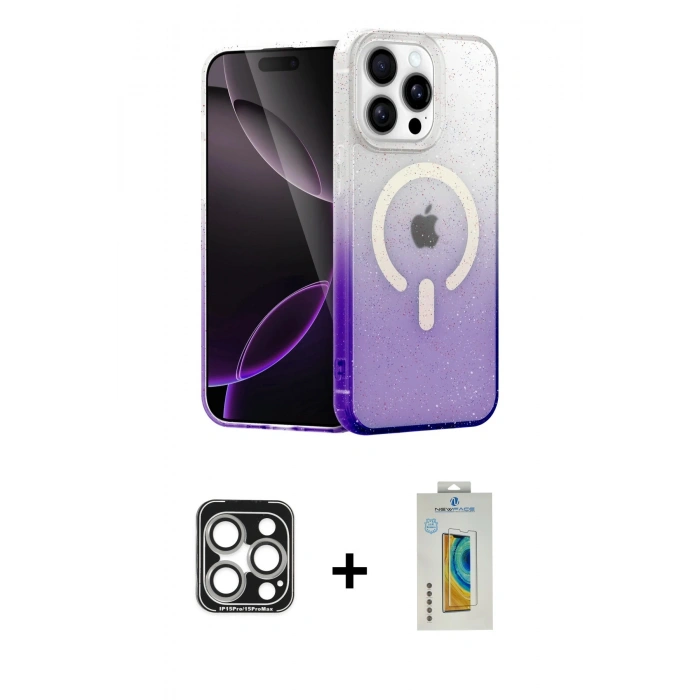 MARSİLYAN™- iPhone 15 Pro Max Kılıf Eksen Minimal Özel Seri - Siyah Polymer Nano Ekran Koruyucu + PVD Metal Kamera Lens - GS