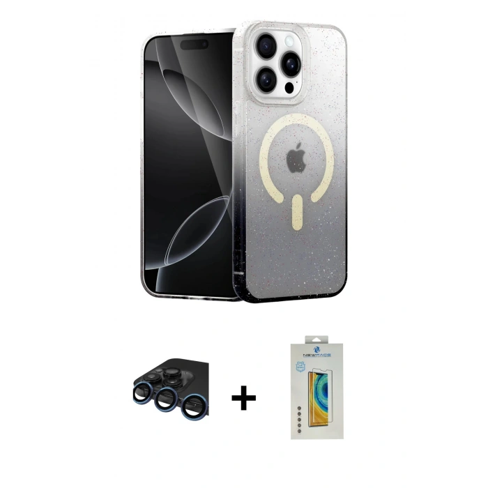 MARSİLYAN™- iPhone 15 Pro Max Kılıf Eksen Minimal Özel Seri - Siyah Polymer Nano Ekran Koruyucu + Raze Metal Kamera Lens - LT