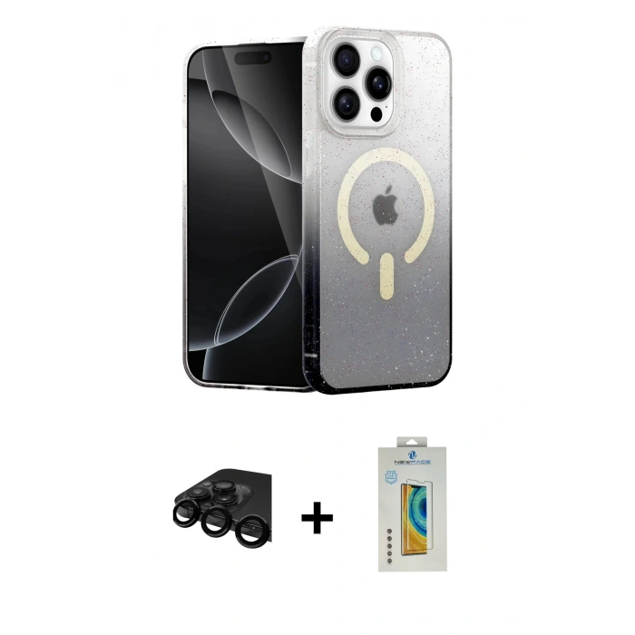 MARSİLYAN™- iPhone 15 Pro Max Kılıf Eksen Minimal Özel Seri - Siyah Polymer Nano Ekran Koruyucu + Raze Metal Kamera Lens - SH
