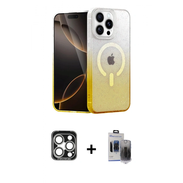 MARSİLYAN™- iPhone 15 Pro Max Kılıf Eksen Minimal Özel Seri - Siyah Vanessa Magic Hayalet Cam + Gümüş PVD Metal Kamera Lens