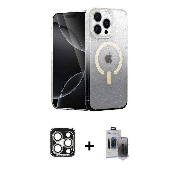 MARSİLYAN™- iPhone 15 Pro Max Kılıf Eksen Minimal Özel Seri - Siyah Vanessa Magic Hayalet Cam + Gümüş PVD Metal Kamera Lens