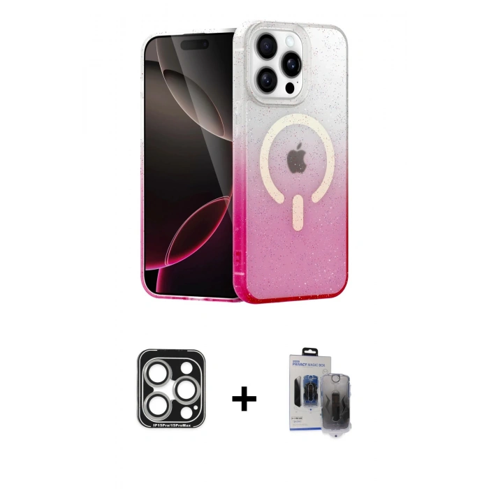 MARSİLYAN™- iPhone 15 Pro Max Kılıf Eksen Minimal Özel Seri - Siyah Vanessa Magic Hayalet Cam + Gümüş PVD Metal Kamera Lens