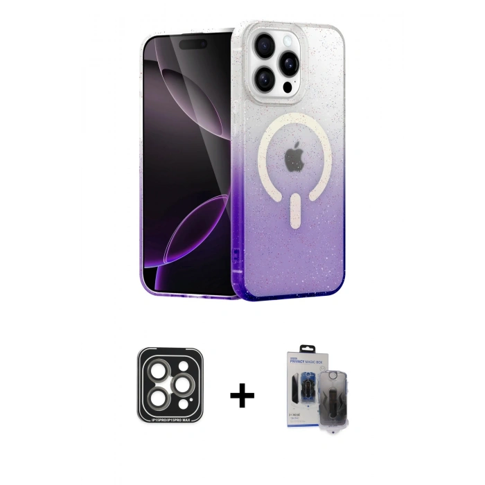 MARSİLYAN™- iPhone 15 Pro Max Kılıf Eksen Minimal Özel Seri - Siyah Vanessa Magic Hayalet Cam + PVD Metal Kamera Lens - GI