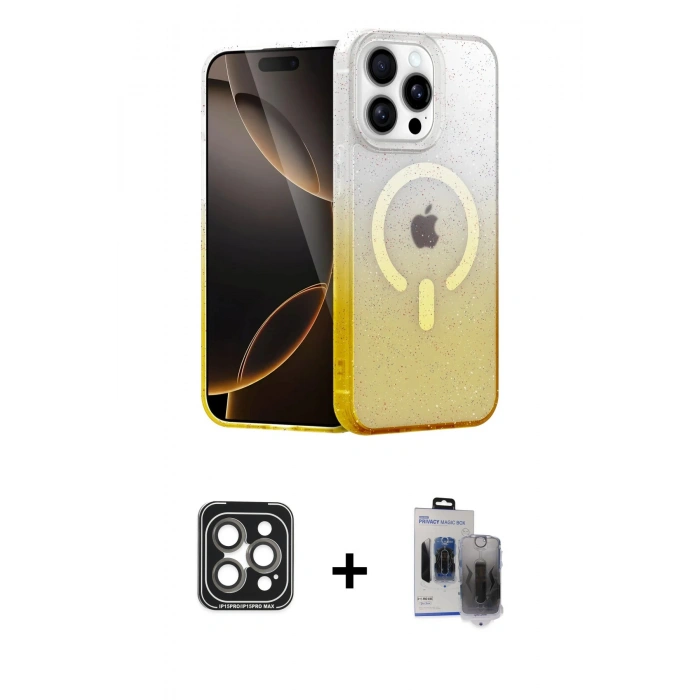 MARSİLYAN™- iPhone 15 Pro Max Kılıf Eksen Minimal Özel Seri - Siyah Vanessa Magic Hayalet Cam + PVD Metal Kamera Lens - GI