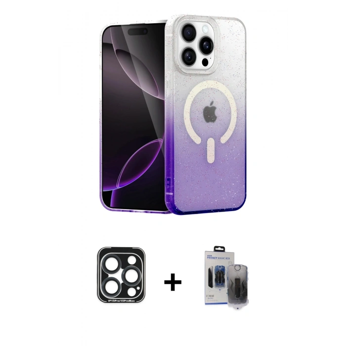 MARSİLYAN™- iPhone 15 Pro Max Kılıf Eksen Minimal Özel Seri - Siyah Vanessa Magic Hayalet Cam + PVD Metal Kamera Lens - LT