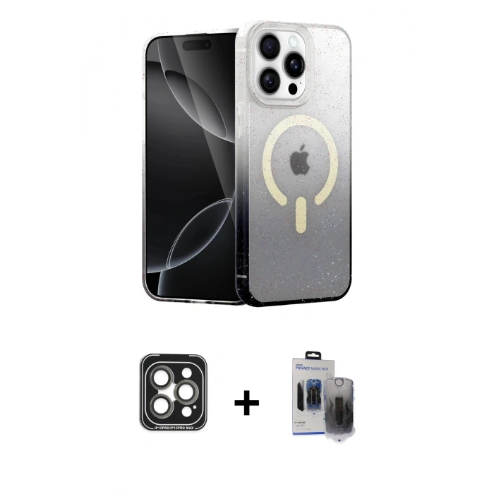 MARSİLYAN™- iPhone 15 Pro Max Kılıf Eksen Minimal Özel Seri - Siyah Vanessa Magic Hayalet Cam + PVD Metal Kamera Lens - GI
