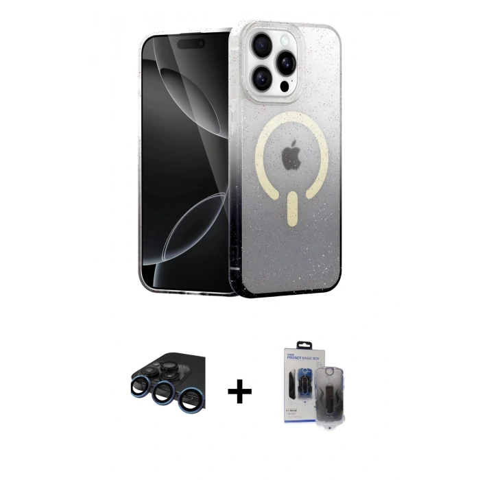 MARSİLYAN™- iPhone 15 Pro Max Kılıf Eksen Minimal Özel Seri - Siyah Vanessa Magic Hayalet Cam + Raze Metal Kamera Lens - LT