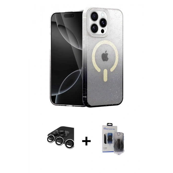 MARSİLYAN™- iPhone 15 Pro Max Kılıf Eksen Minimal Özel Seri - Siyah Vanessa Magic Hayalet Cam + Raze Metal Kamera Lens - GS