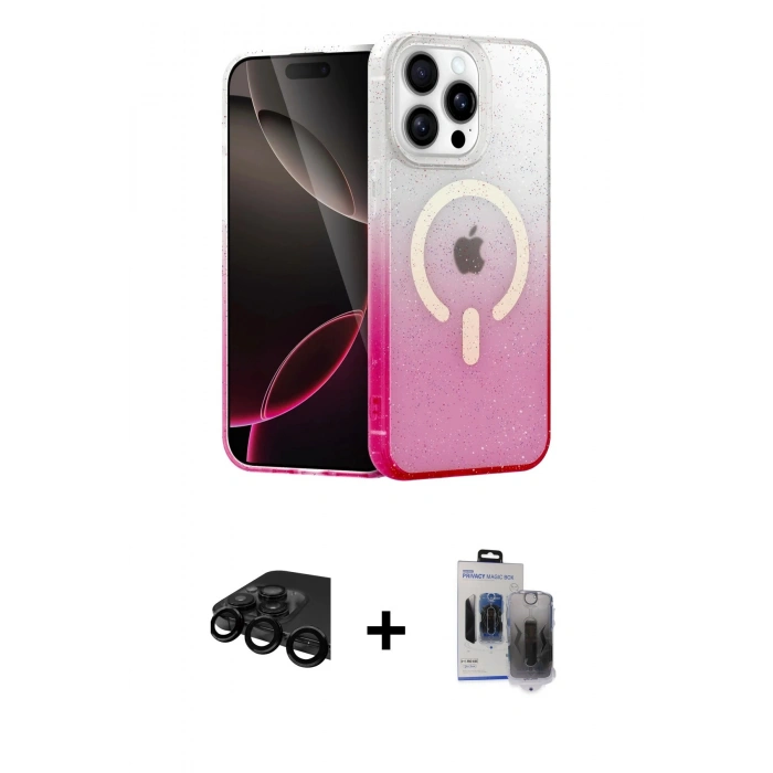 MARSİLYAN™- iPhone 15 Pro Max Kılıf Eksen Minimal Özel Seri - Siyah Vanessa Magic Hayalet Cam + Raze Metal Kamera Lens - SH
