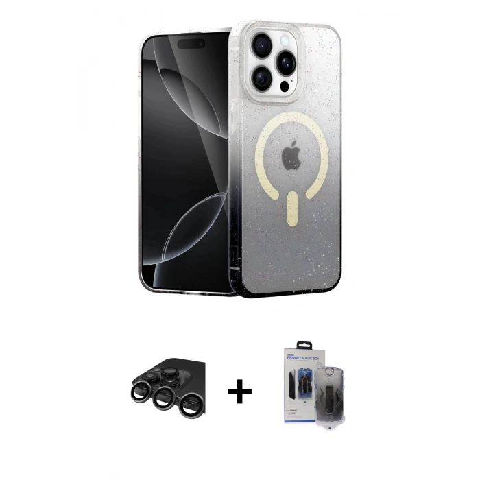 MARSİLYAN™- iPhone 15 Pro Max Kılıf Eksen Minimal Özel Seri - Siyah Vanessa Magic Hayalet Cam + Titanyum Gri Raze Metal Kamera Lens