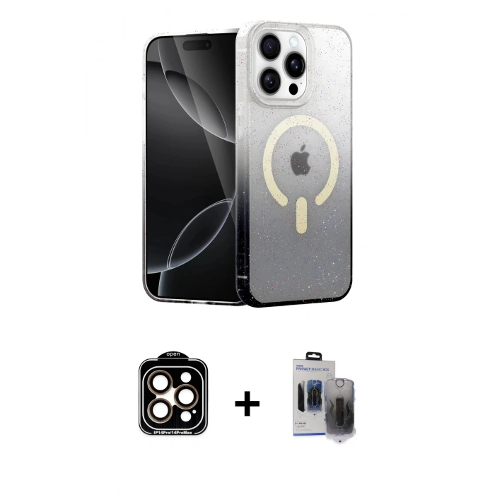 MARSİLYAN™- iPhone 15 Pro Max Kılıf Eksen Minimal Özel Seri - Siyah Vanessa Magic Hayalet Cam + PVD Metal Kamera Lens - TU