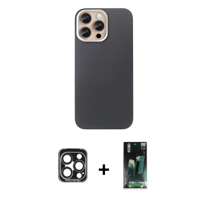 MARSİLYAN™- iPhone 15 Pro Max Kılıf Eksen Prime - Şeffaf 360 Full Body Arka Koruyucu + Lacivert PVD Metal Kamera Lens