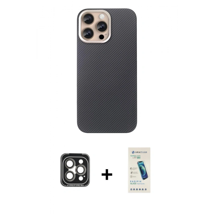 MARSİLYAN™- iPhone 15 Pro Max Kılıf Eksen Prime - Şeffaf Pasifik Cam Ekran Koruyucu + Gri PVD Metal Kamera Lens