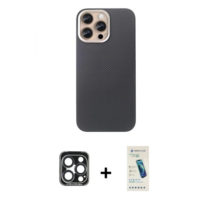 MARSİLYAN™- iPhone 15 Pro Max Kılıf Eksen Prime - Şeffaf Pasifik Cam Ekran Koruyucu + PVD Metal Kamera Lens - LT