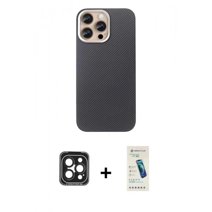 MARSİLYAN™- iPhone 15 Pro Max Kılıf Eksen Prime - Şeffaf Pasifik Cam Ekran Koruyucu + PVD Metal Kamera Lens - SH