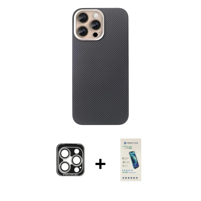 MARSİLYAN™- iPhone 15 Pro Max Kılıf Eksen Prime - Şeffaf Pasifik Cam Ekran Koruyucu + PVD Metal Kamera Lens - GS
