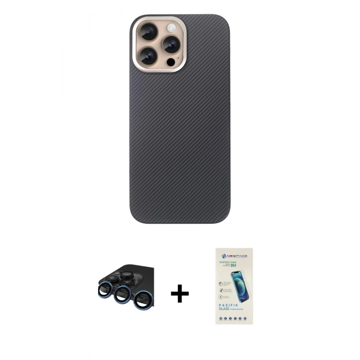 MARSİLYAN™- iPhone 15 Pro Max Kılıf Eksen Prime - Şeffaf Pasifik Cam Ekran Koruyucu + Raze Metal Kamera Lens - LT