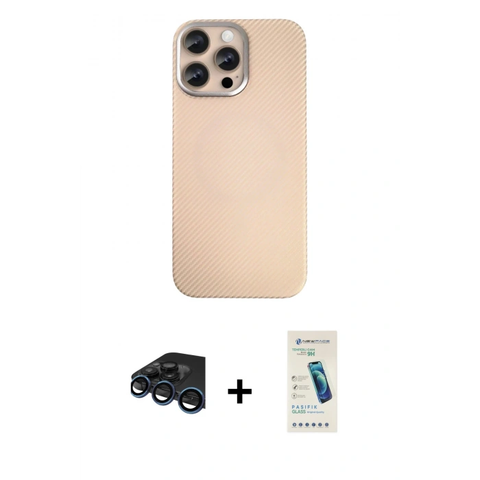 MARSİLYAN™- iPhone 15 Pro Max Kılıf Eksen Prime - Şeffaf Pasifik Cam Ekran Koruyucu + Raze Metal Kamera Lens - LT