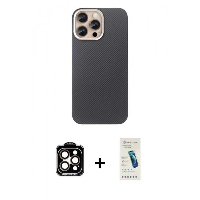 MARSİLYAN™- iPhone 15 Pro Max Kılıf Eksen Prime - Şeffaf Pasifik Cam Ekran Koruyucu + PVD Metal Kamera Lens - TU