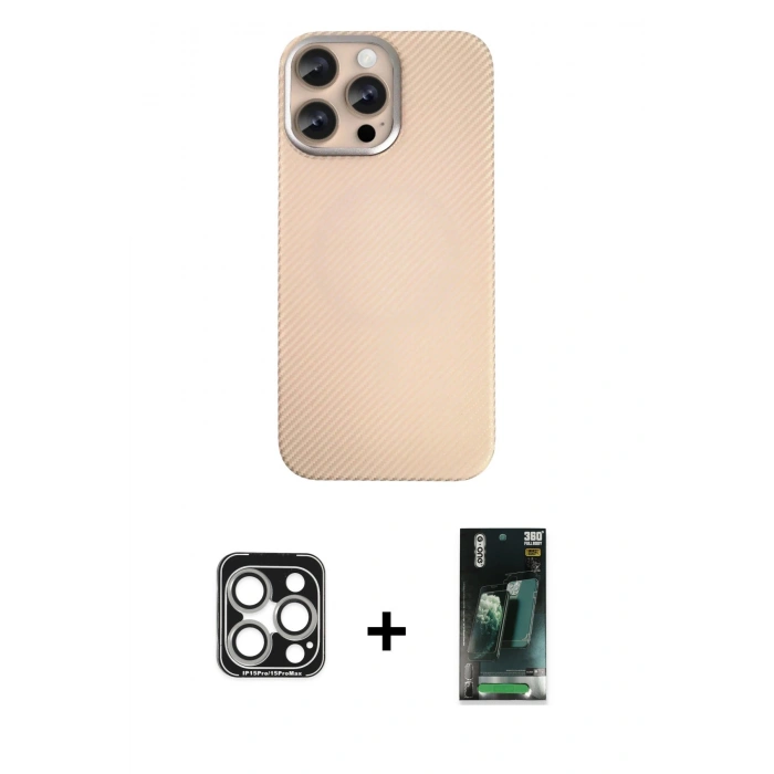 MARSİLYAN™- iPhone 15 Pro Max Kılıf Eksen Prime - Siyah 360 Mat Full Body Arka Koruyucu + PVD Metal Kamera Lens - GS