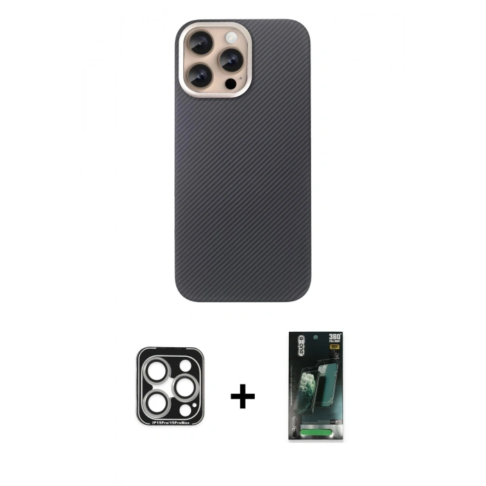MARSİLYAN™- iPhone 15 Pro Max Kılıf Eksen Prime - Siyah 360 Mat Full Body Arka Koruyucu + PVD Metal Kamera Lens - GS