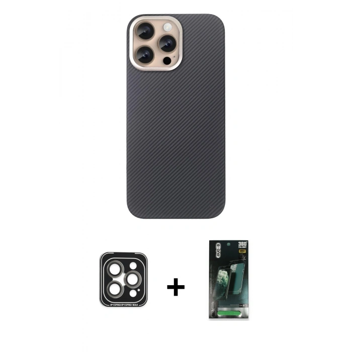 MARSİLYAN™- iPhone 15 Pro Max Kılıf Eksen Prime - Siyah 360 Mat Full Body Arka Koruyucu + PVD Metal Kamera Lens - GI