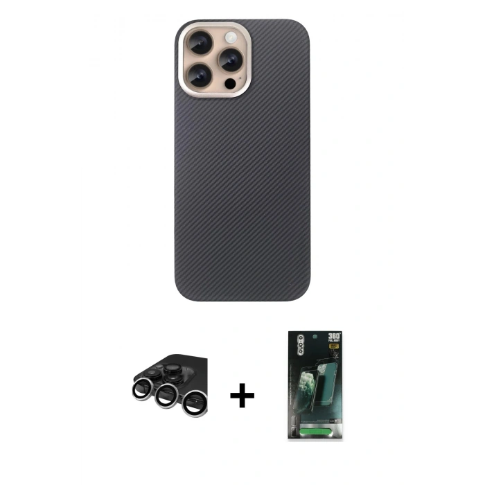 MARSİLYAN™- iPhone 15 Pro Max Kılıf Eksen Prime - Siyah 360 Mat Full Body Arka Koruyucu + Raze Metal Kamera Lens - GS