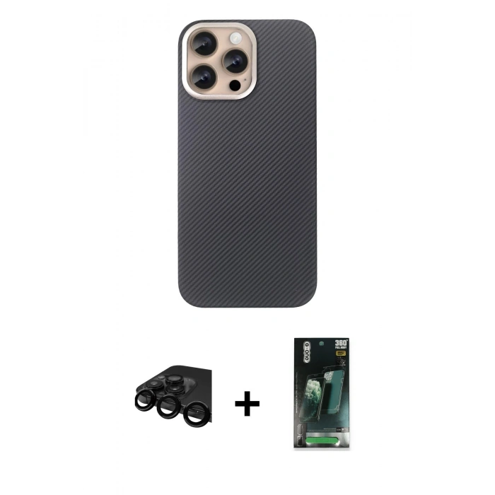MARSİLYAN™- iPhone 15 Pro Max Kılıf Eksen Prime - Siyah 360 Mat Full Body Arka Koruyucu + Raze Metal Kamera Lens - SH
