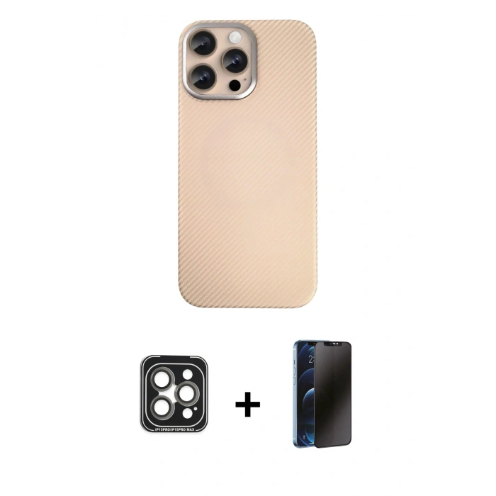 MARSİLYAN™- iPhone 15 Pro Max Kılıf Eksen Prime - Siyah 3D Antistatik Hayalet Cam Ekran Koruyucu + PVD Metal Kamera Lens - GI