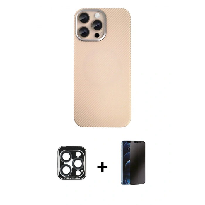 MARSİLYAN™- iPhone 15 Pro Max Kılıf Eksen Prime - Siyah 3D Antistatik Hayalet Cam Ekran Koruyucu + PVD Metal Kamera Lens - LT