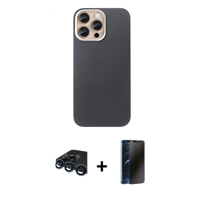MARSİLYAN™- iPhone 15 Pro Max Kılıf Eksen Prime - Siyah 3D Antistatik Hayalet Cam Ekran Koruyucu + Lacivert Raze Metal Kamera Lens