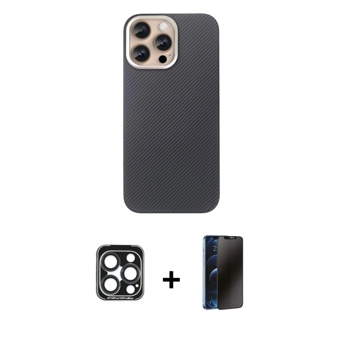 MARSİLYAN™- iPhone 15 Pro Max Kılıf Eksen Prime - Siyah 3D Antistatik Hayalet Cam Ekran Koruyucu + PVD Metal Kamera Lens - LT