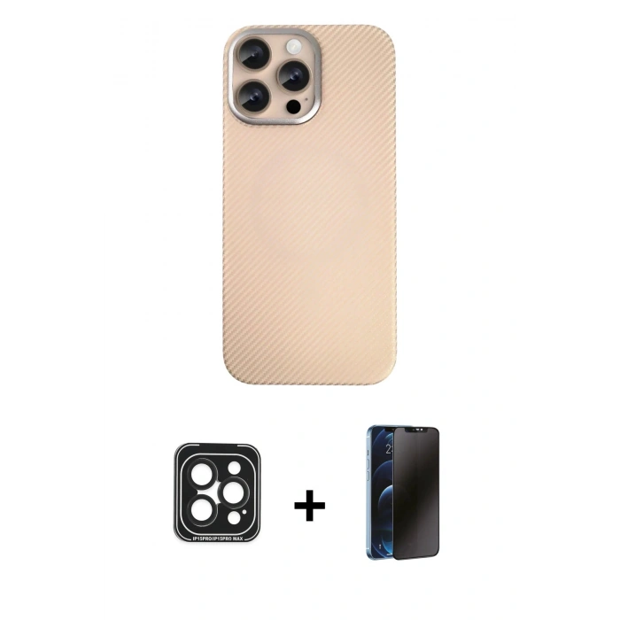 MARSİLYAN™- iPhone 15 Pro Max Kılıf Eksen Prime - Siyah 3D Antistatik Hayalet Cam Ekran Koruyucu + PVD Metal Kamera Lens - SH