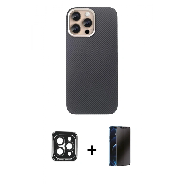 MARSİLYAN™- iPhone 15 Pro Max Kılıf Eksen Prime - Siyah 3D Antistatik Hayalet Cam Ekran Koruyucu + PVD Metal Kamera Lens - SH