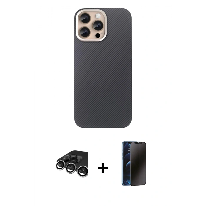 MARSİLYAN™- iPhone 15 Pro Max Kılıf Eksen Prime - Siyah 3D Antistatik Hayalet Cam Ekran Koruyucu + Raze Metal Kamera Lens - GS