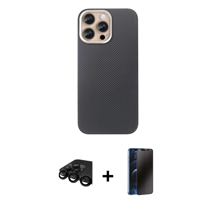 MARSİLYAN™- iPhone 15 Pro Max Kılıf Eksen Prime - Siyah 3D Antistatik Hayalet Cam Ekran Koruyucu + Raze Metal Kamera Lens - SH