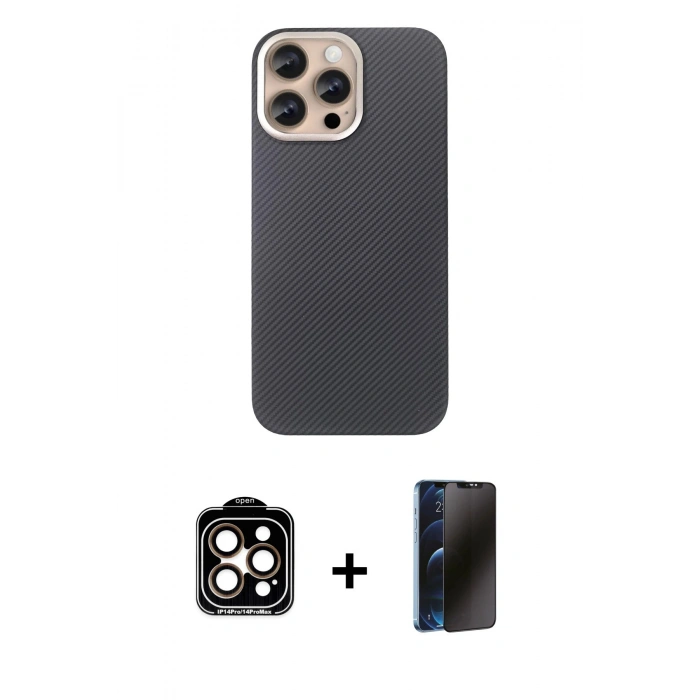 MARSİLYAN™- iPhone 15 Pro Max Kılıf Eksen Prime - Siyah 3D Antistatik Hayalet Cam Ekran Koruyucu + PVD Metal Kamera Lens - TU