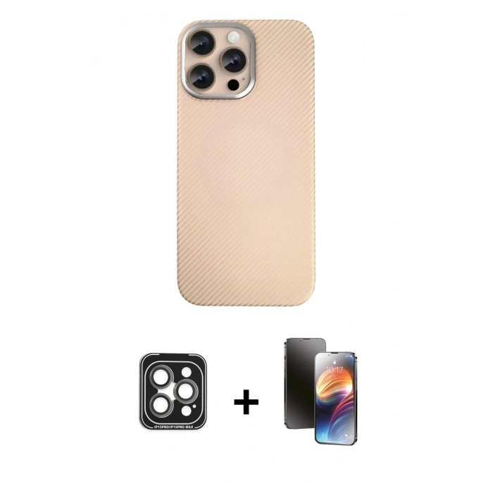 MARSİLYAN™- iPhone 15 Pro Max Kılıf Eksen Prime - Siyah 3D Antistatik Mat Seramik Nano Ekran Koruyucu + PVD Metal Kamera Lens - GI