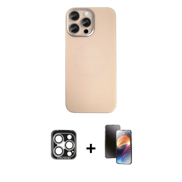 MARSİLYAN™- iPhone 15 Pro Max Kılıf Eksen Prime - Siyah 3D Antistatik Mat Seramik Nano Ekran Koruyucu + PVD Metal Kamera Lens - GS