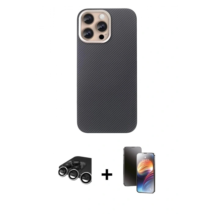 MARSİLYAN™- iPhone 15 Pro Max Kılıf Eksen Prime - Siyah 3D Antistatik Mat Seramik Nano Ekran Koruyucu + Gümüş Raze Metal Kamera Lens