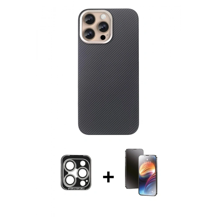 MARSİLYAN™- iPhone 15 Pro Max Kılıf Eksen Prime - Siyah 3D Antistatik Mat Seramik Nano Ekran Koruyucu + PVD Metal Kamera Lens - GS
