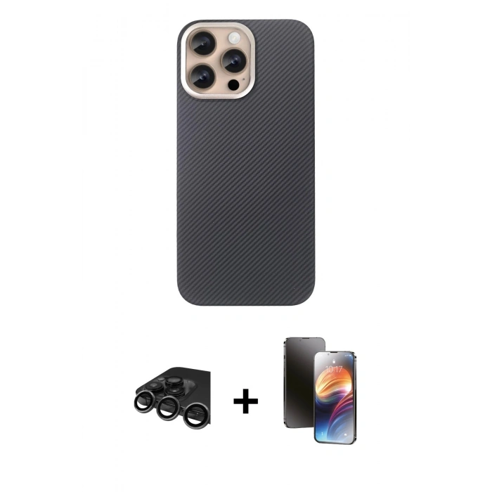 MARSİLYAN™- iPhone 15 Pro Max Kılıf Eksen Prime - Siyah 3D Antistatik Mat Seramik Nano Ekran Koruyucu + Raze Metal Kamera Lens - TMGI