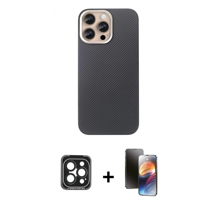 MARSİLYAN™- iPhone 15 Pro Max Kılıf Eksen Prime - Siyah 3D Antistatik Mat Seramik Nano Ekran Koruyucu + Siyah PVD Metal Kamera Lens