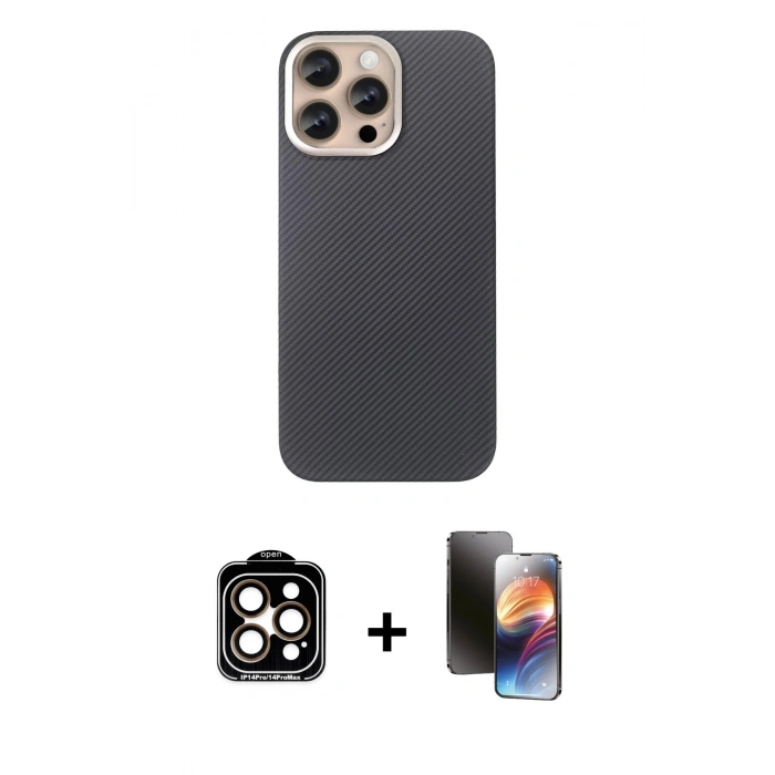 MARSİLYAN™- iPhone 15 Pro Max Kılıf Eksen Prime - Siyah 3D Antistatik Mat Seramik Nano Ekran Koruyucu + Turuncu PVD Metal Kamera Lens