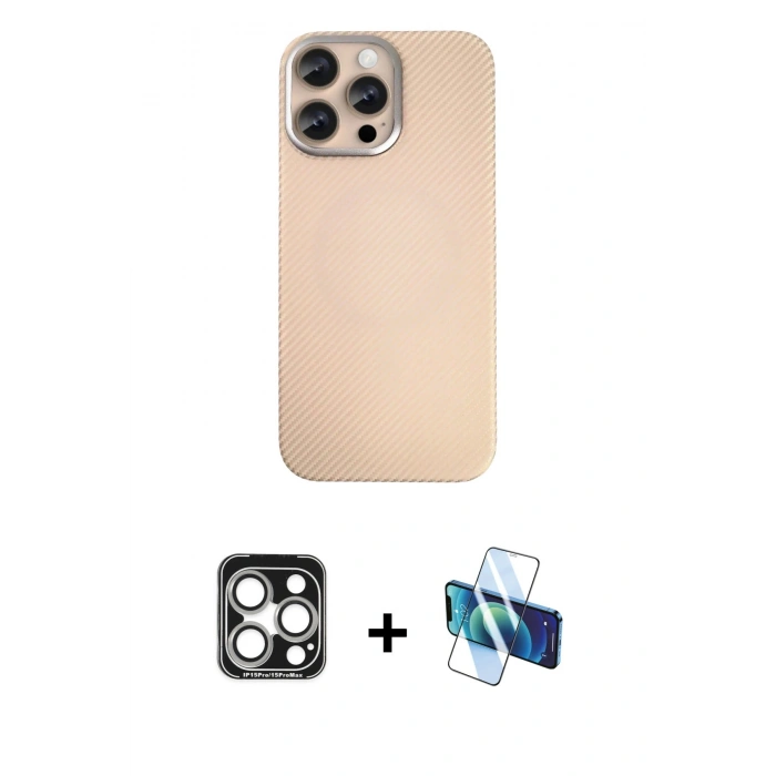 MARSİLYAN™- iPhone 15 Pro Max Kılıf Eksen Prime - Siyah 3D Antistatik Seramik Nano Ekran Koruyucu + PVD Metal Kamera Lens - GS