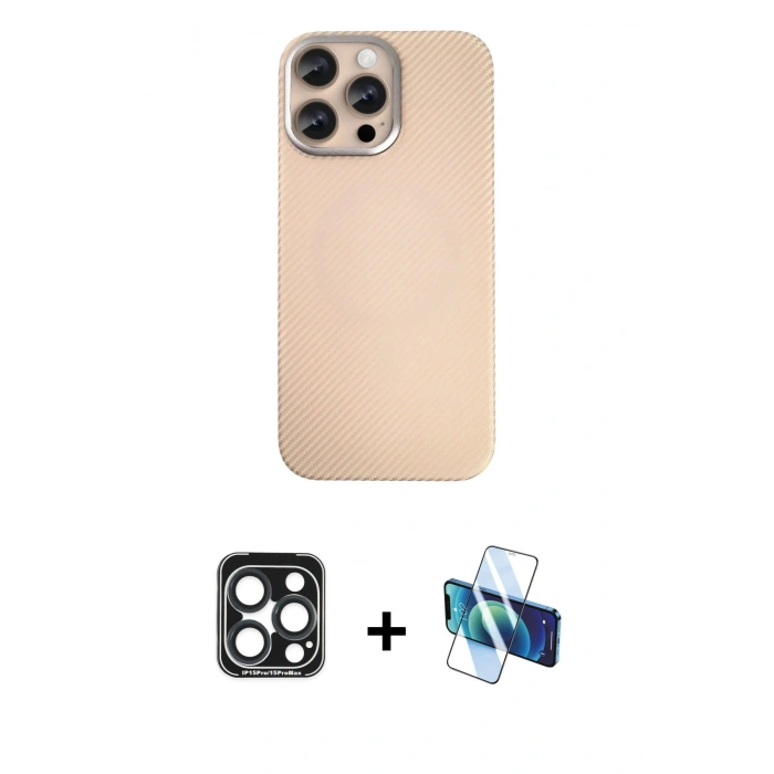 MARSİLYAN™- iPhone 15 Pro Max Kılıf Eksen Prime - Siyah 3D Antistatik Seramik Nano Ekran Koruyucu + PVD Metal Kamera Lens - LT