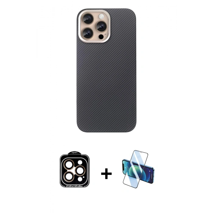 MARSİLYAN™- iPhone 15 Pro Max Kılıf Eksen Prime - Siyah 3D Antistatik Seramik Nano Ekran Koruyucu + PVD Metal Kamera Lens - TU