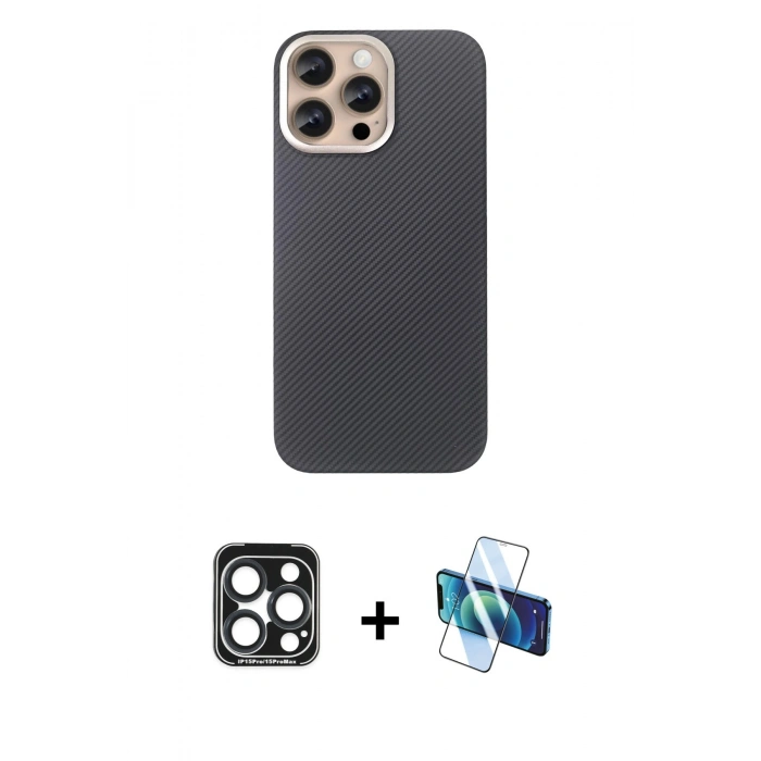 MARSİLYAN™- iPhone 15 Pro Max Kılıf Eksen Prime - Siyah 3D Antistatik Seramik Nano Ekran Koruyucu + PVD Metal Kamera Lens - LT