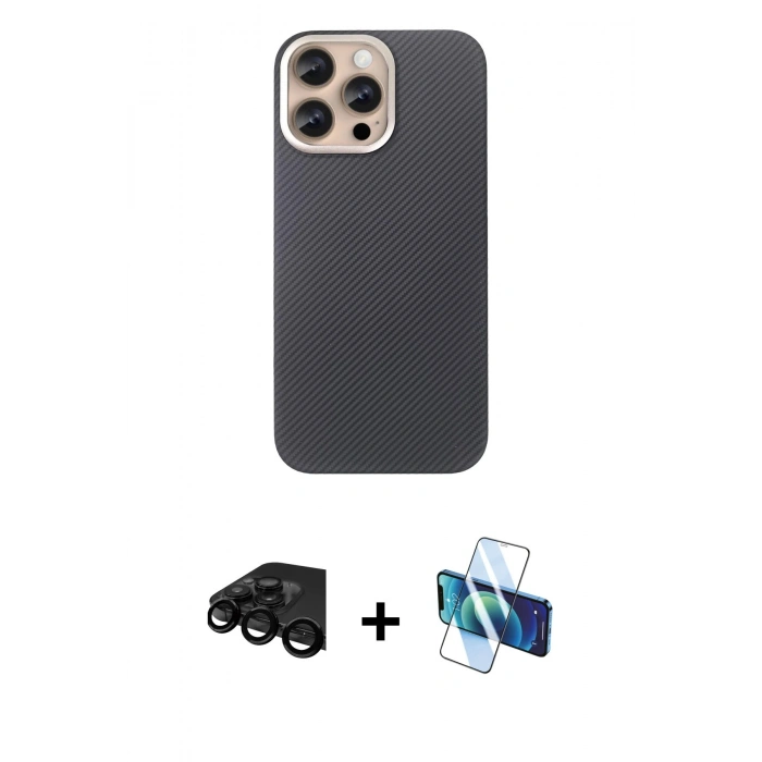 MARSİLYAN™- iPhone 15 Pro Max Kılıf Eksen Prime - Siyah 3D Antistatik Seramik Nano Ekran Koruyucu + Raze Metal Kamera Lens - SH