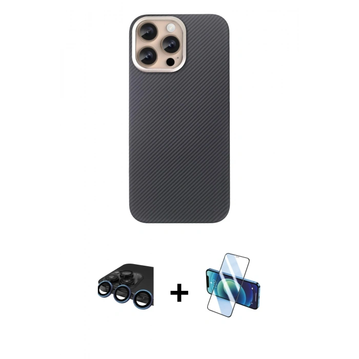 MARSİLYAN™- iPhone 15 Pro Max Kılıf Eksen Prime - Siyah 3D Antistatik Seramik Nano Ekran Koruyucu + Raze Metal Kamera Lens - LT